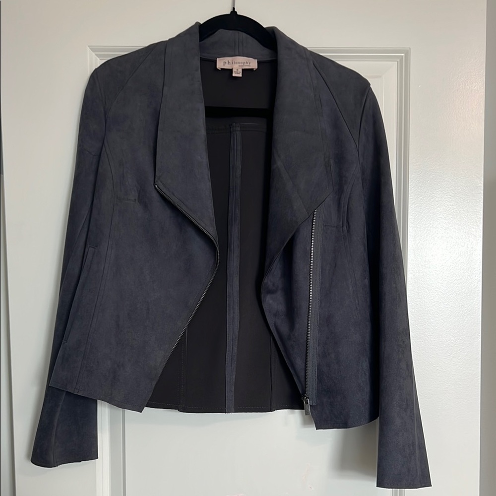 Chic Trendy Midnight Blue/Grey suede Jacket with lapel small